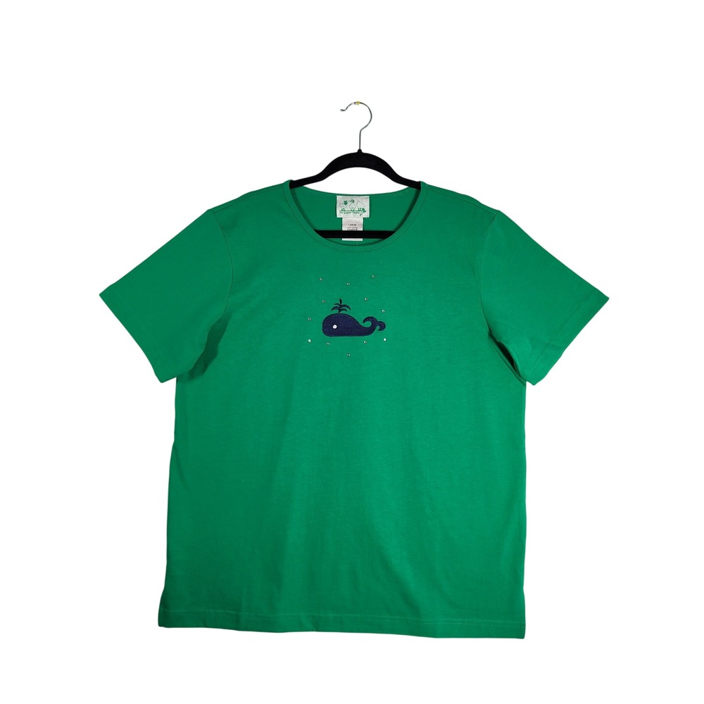 Quacker Factory Whale Rhinestone Embroidered Green Nautical Tee L 14/16 NWT VTG